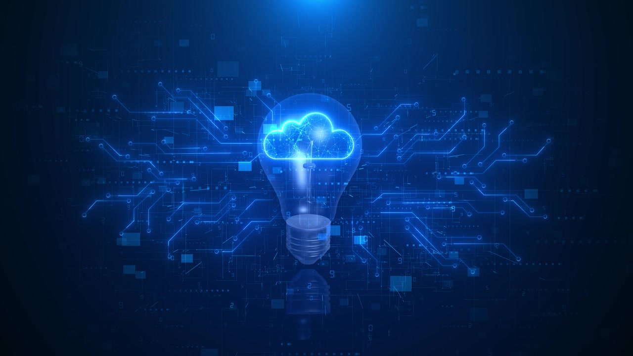 Cloud light bulb technology background blue circuits glowing digital lines innovation theme cloud