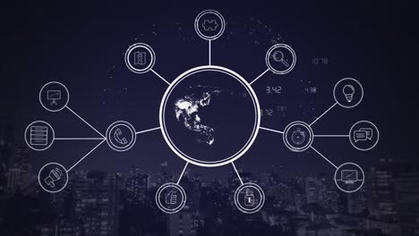 Animation-of-globe-with-network-of-connections-over-cityscape