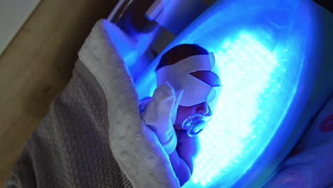 little newborn baby with bandage on eyes and pacifier lies on ultraviolet lamp. kid crossed his hands on the chest. therapy against jaundice.