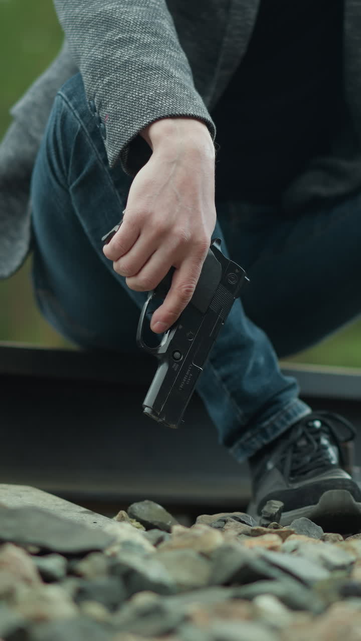 una vista cercana de una persona con una chaqueta gris, pantalones vaqueros azules y zapatos de lona negra, sentada en una vía ferroviaria, el individuo sostiene una pistola, con una vista borrosa de un bosque verde