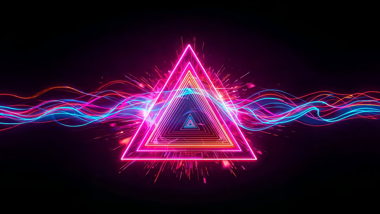 Starting on digital void revealing neon triangle cycling hues pulsing bands flickering sparks