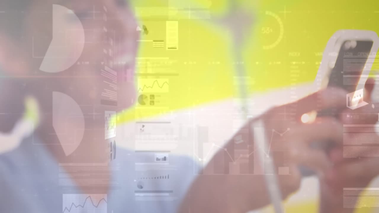 스마트 폰을 사용하는 사업가 여성에 대한 통계 및 데이터 처리 애니메이션