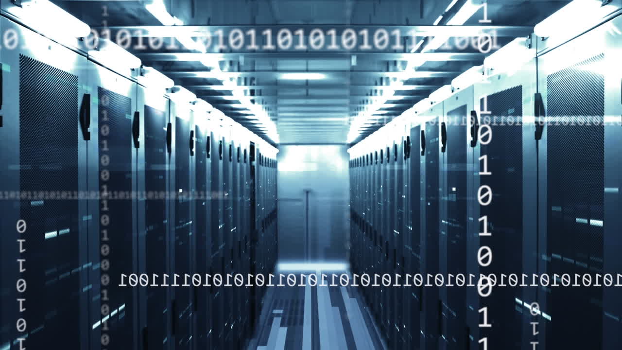 Animation of computer servers, binary coding and data processing