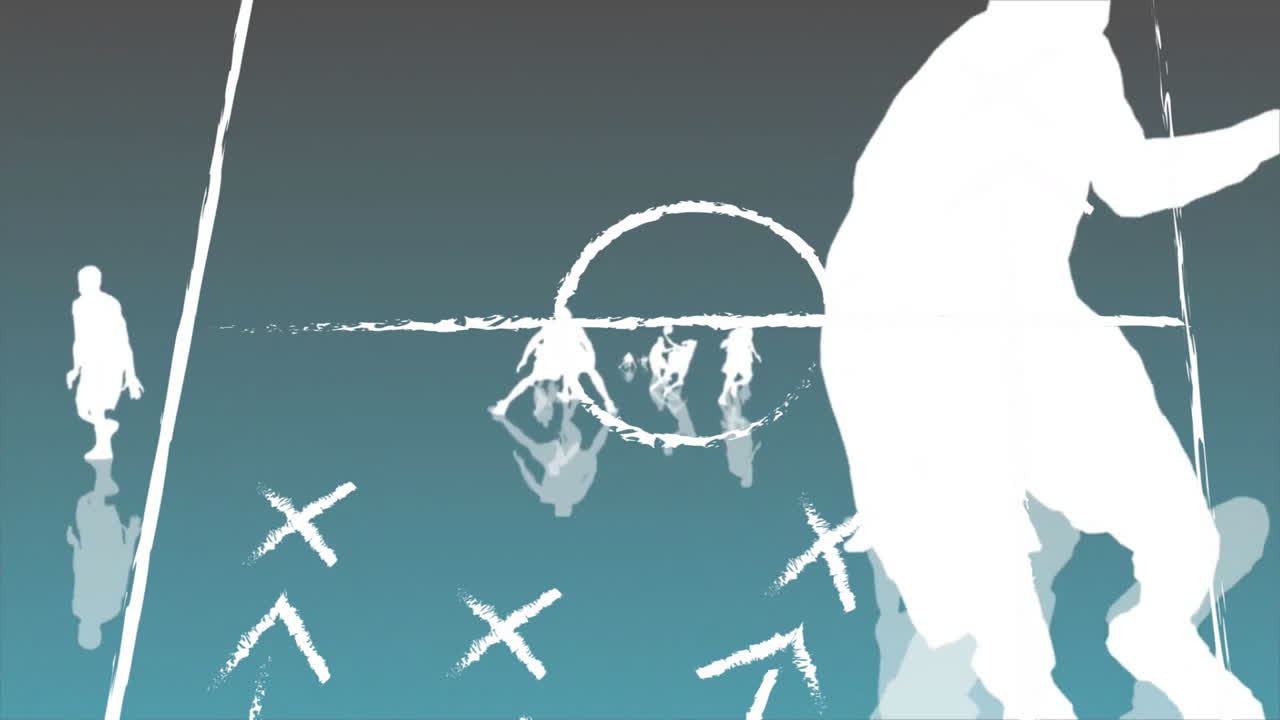 파란색 배경에 있는 선수들의 실루 위의 축구 전략 애니메이션