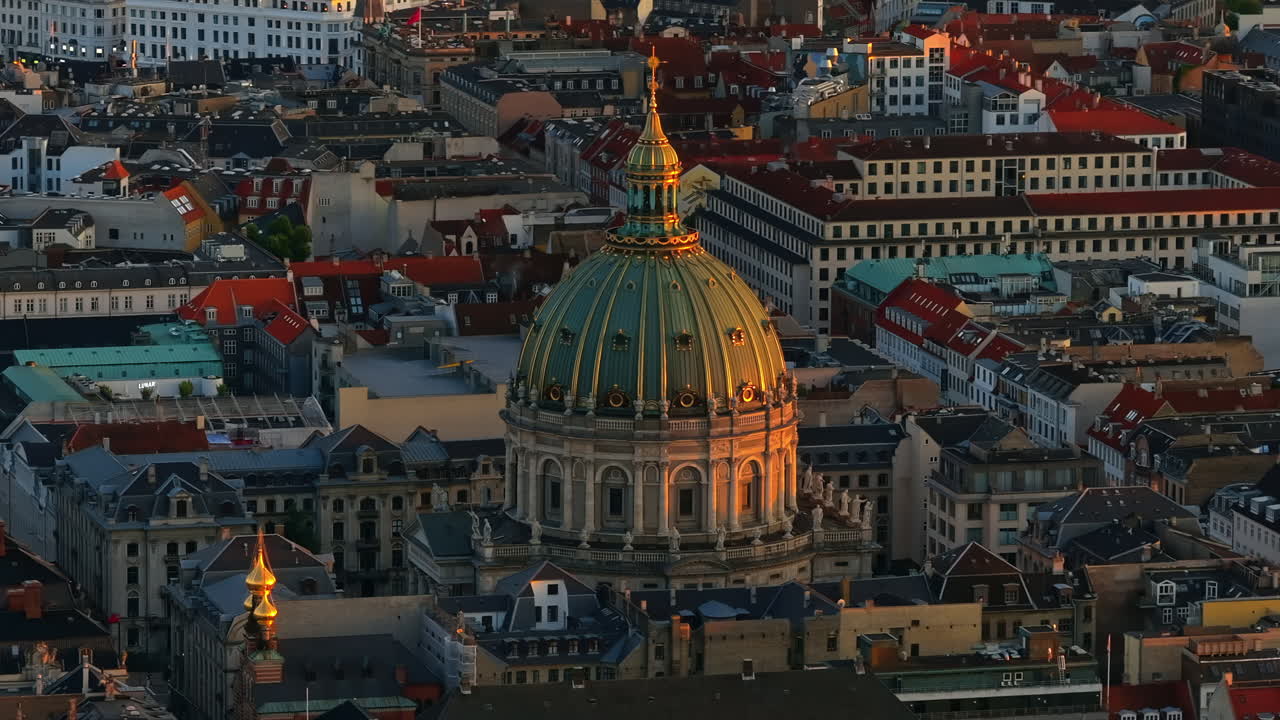 Aerial drone view of Frederik's Church in the city centre of Copenhagen, Denmark