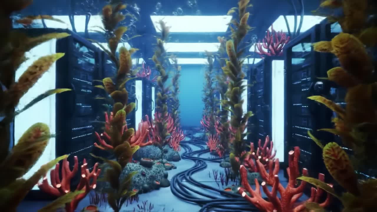 An underwater digital realm featuring vibrant coral reefs intertwined with high-tech server racks, blending nature and technology in a stunning visual experience.