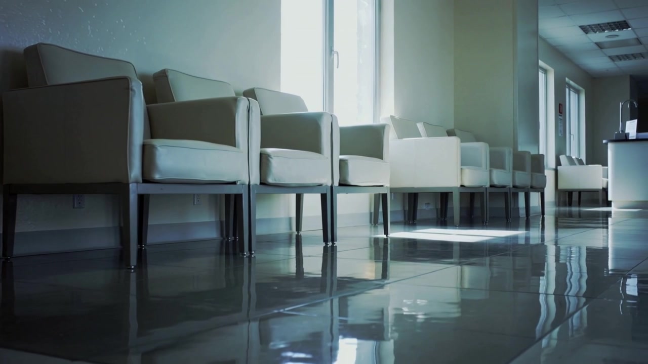 Sliding low camera showing left padded chairs at clinic, capturing floor reflections, copy space