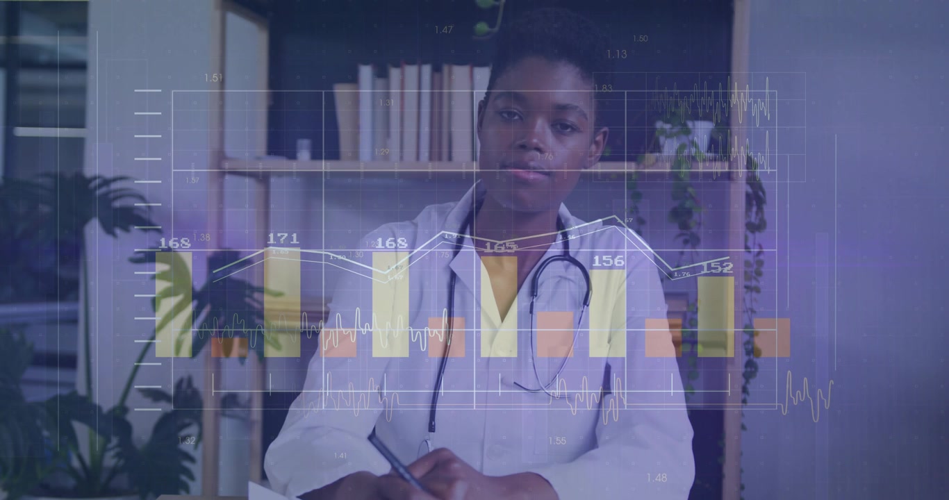 Médecin écrivant puis se redressant après l'apparition progressive de graphiques à barres et linéaires animés pour l'analyse des données cliniques.