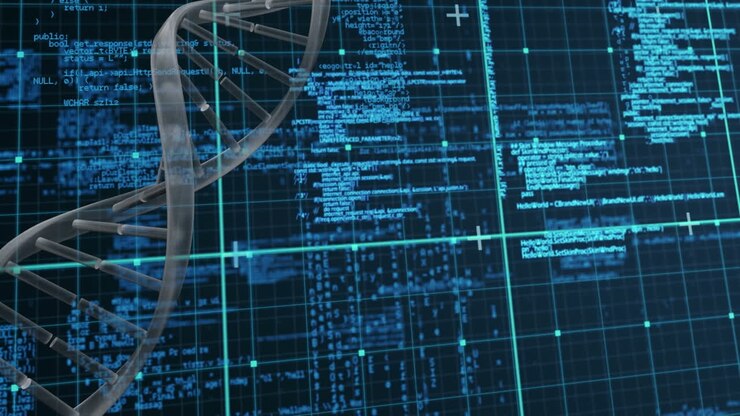 Animation of dna chain over data processing over blue and black space
