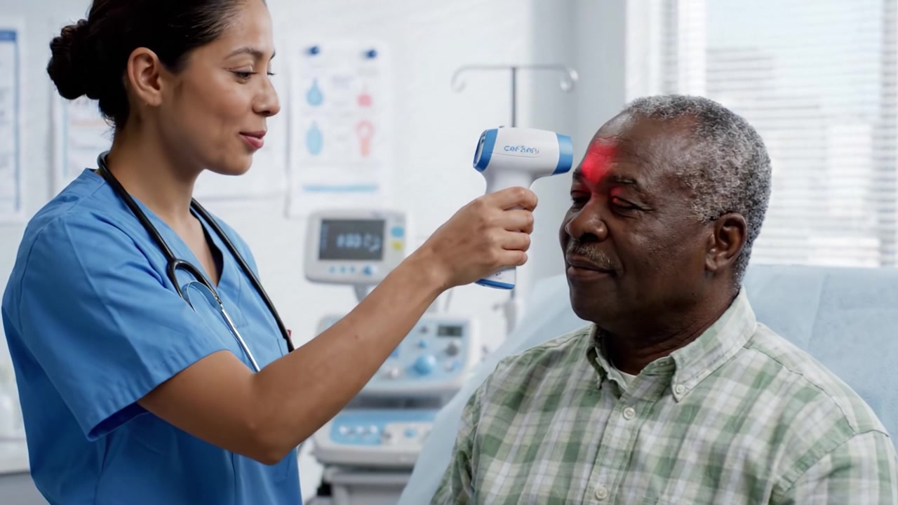 A compassionate healthcare professional attentively examines a senior patient with a medical device, promoting a positive experience in a clinical setting focused on wellbeing.