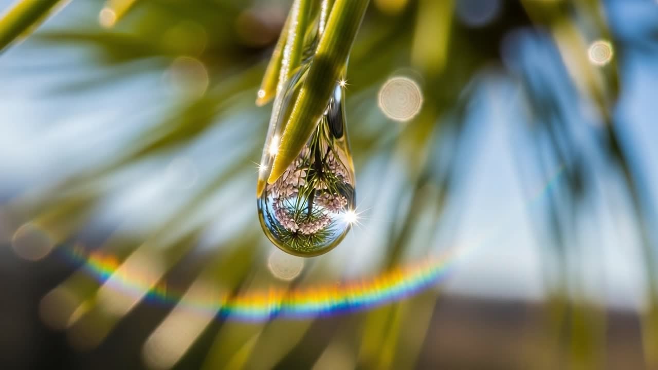 A Stunning Close-Up of a Water Droplet Reflecting Nature's Beauty, Enhanced by the Dazzling Spectrum of Light in a Lush Green Environment
