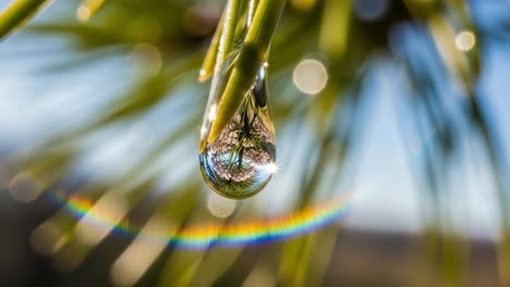 a stunning close-up of a water droplet reflecting nature's beauty, enhanced by the dazzling spectrum of light in a lush green environment