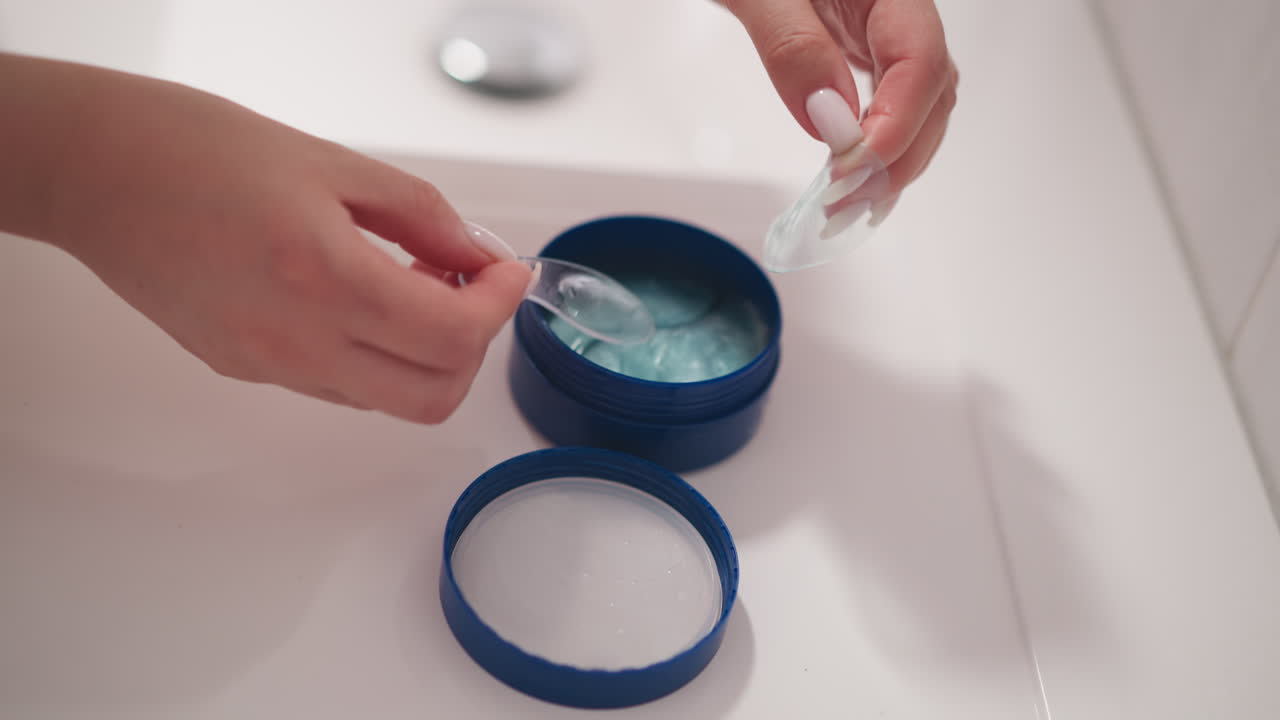 mano de mujer toma parche cosmético para la piel de los ojos usando espátula cosmética. mano toma parche ocular con espátula de frasco de plástico de pie en la mesa de luz