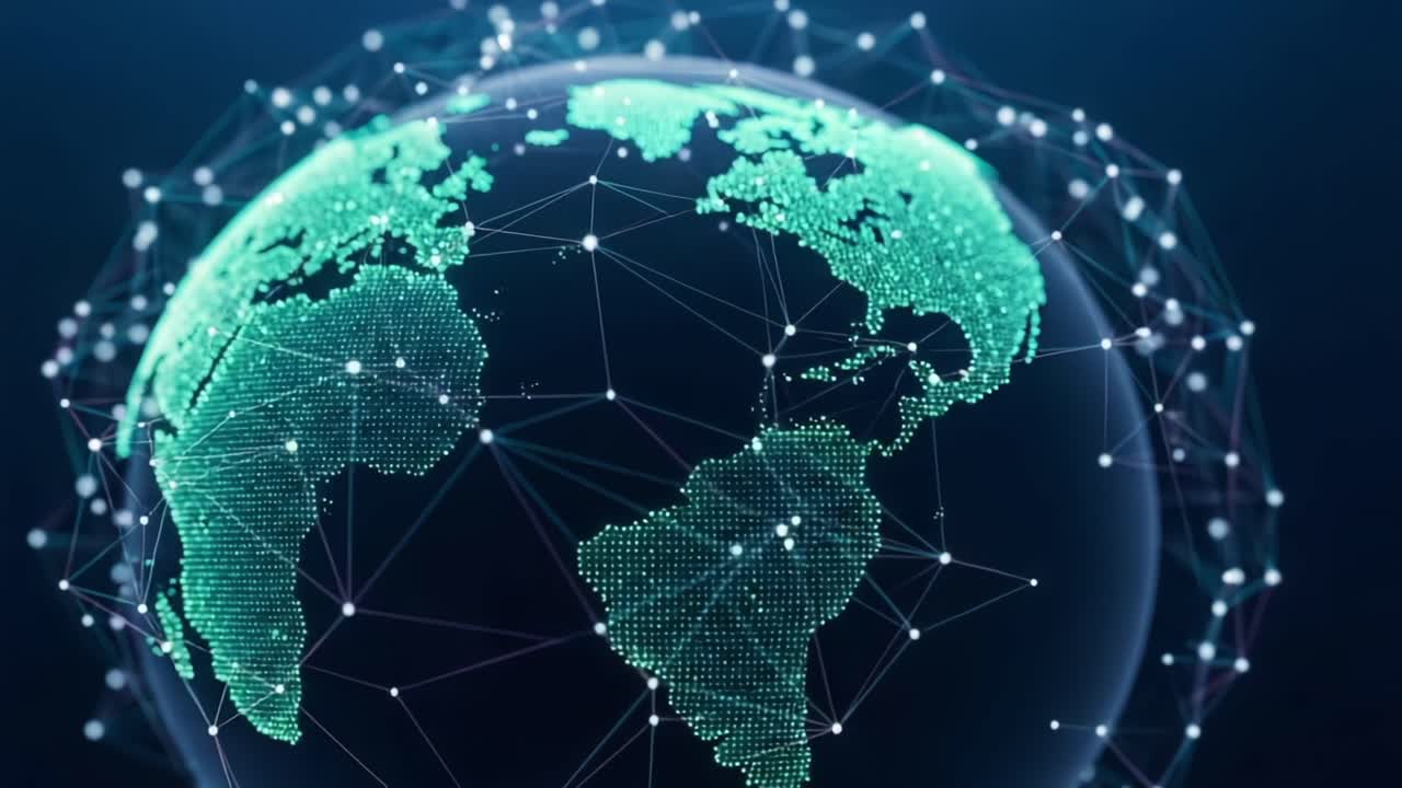 Global Network Visualization: A Stunning Display of Digital Connectivity and Geospatial Mapping Representing Continents Interconnected Through Data