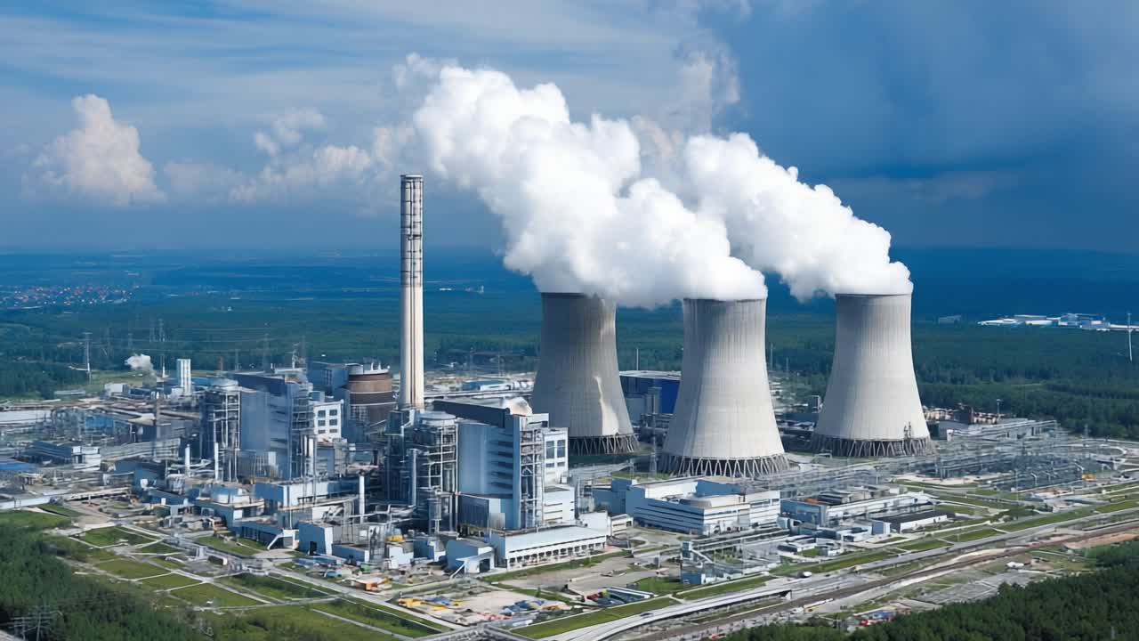 Aerial View of a Modern Power Plant with Cooling Towers Emitting Steam Under a Blue Sky, Showcasing Energy Production and Industrial Infrastructure