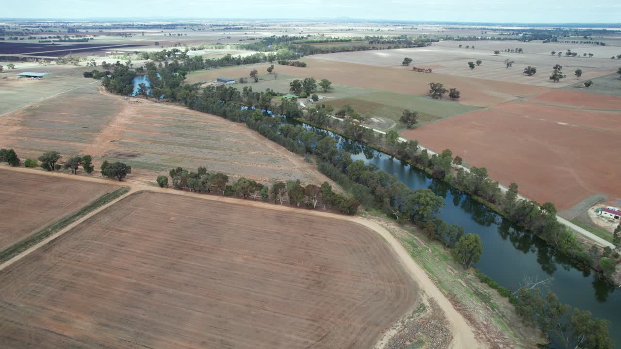 Aerial view looking south along the Loddon River, near Bridgewater in central Victoria, Australia, May 2025.