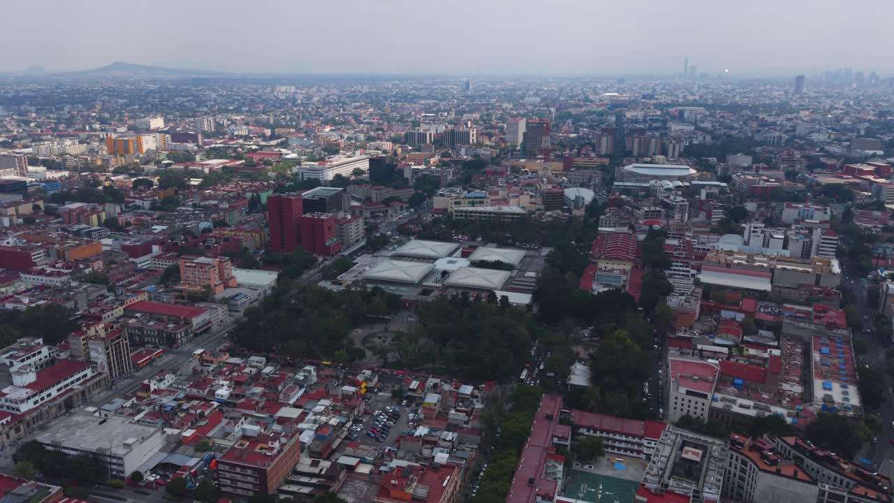 Aerial view over the Biblioteca de México in the Ciudadela in Mexico City