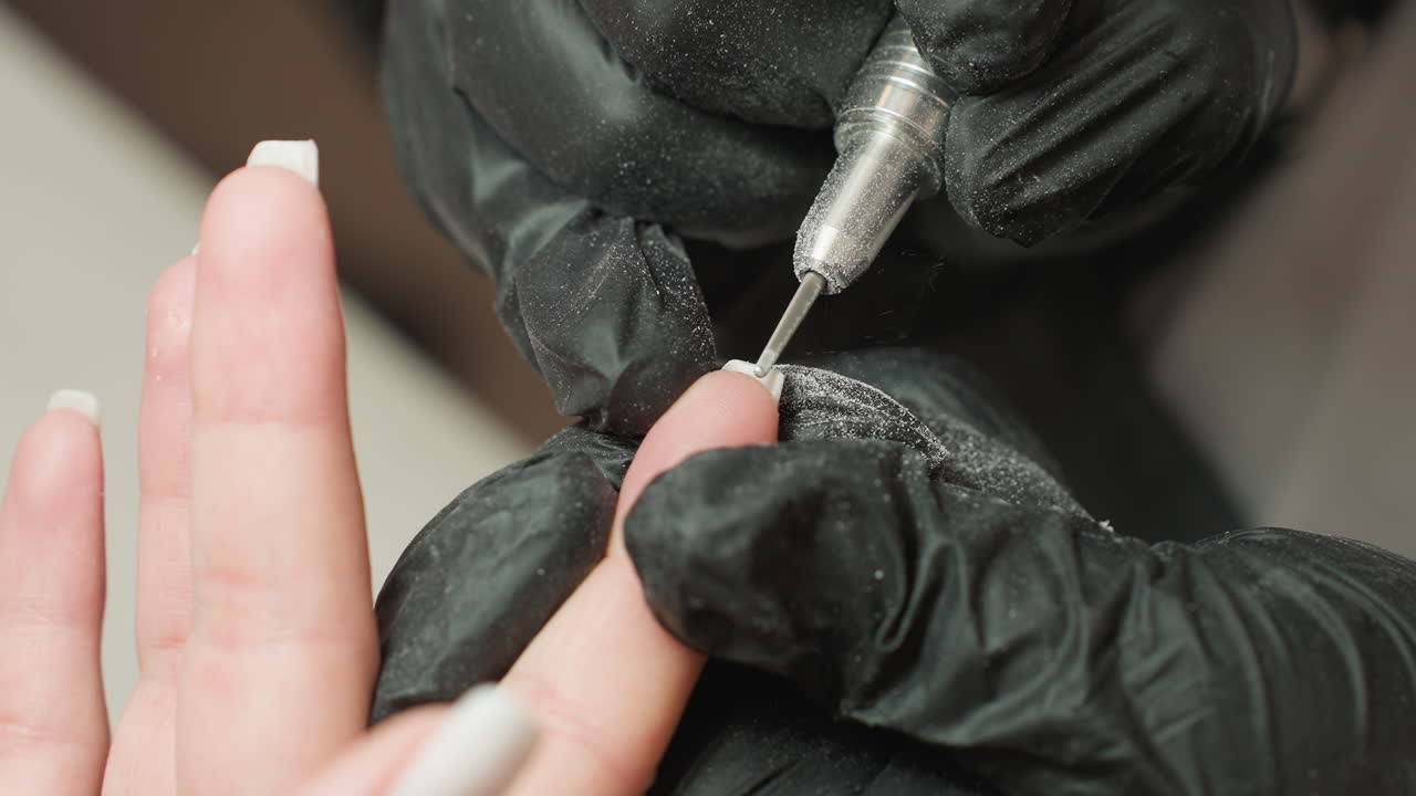 Close up of nail technician in black gloves using electric file tool to shape acrylic nail on client finger. Dust particles from filing process coat gloves, showing fine detail of manicure work