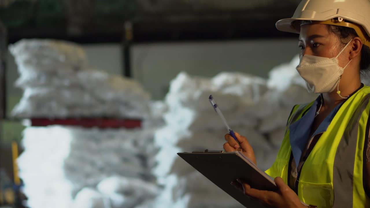 una trabajadora de almacén está contando productos y comprobando las existencias de la industria química.