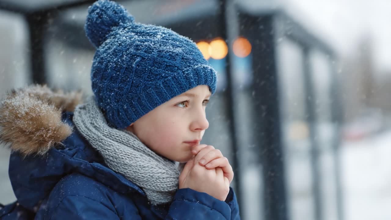 A Pensive Child in Winter: A Heartwarming Scene of Thoughtfulness Amidst the Glistening Snow, Capturing the Essence of Innocence and Reflection