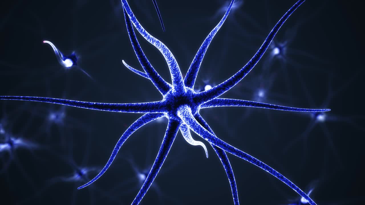 3D animation of neuron on dark blue background. Many Nerve cells emit red light. The focus is on the front and the background is blurred.