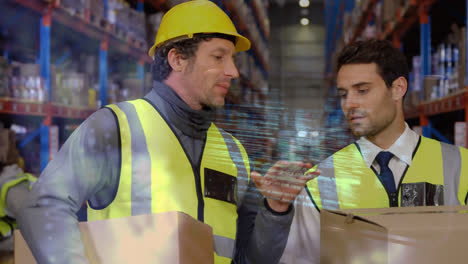 animación del procesamiento de datos sobre los hombres que trabajan en el almacén