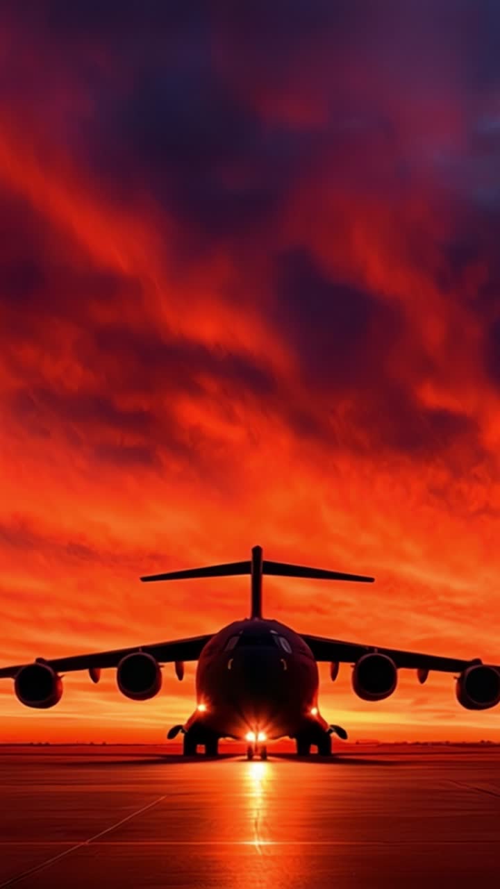 Maestoso Aereo da Trasporto Militare Sagomato Contro un Cielo Mozzafiato al Tramonto, che Cattura la Bellezza dell'Aviazione e la Potenza dell'Ingegneria in Volo