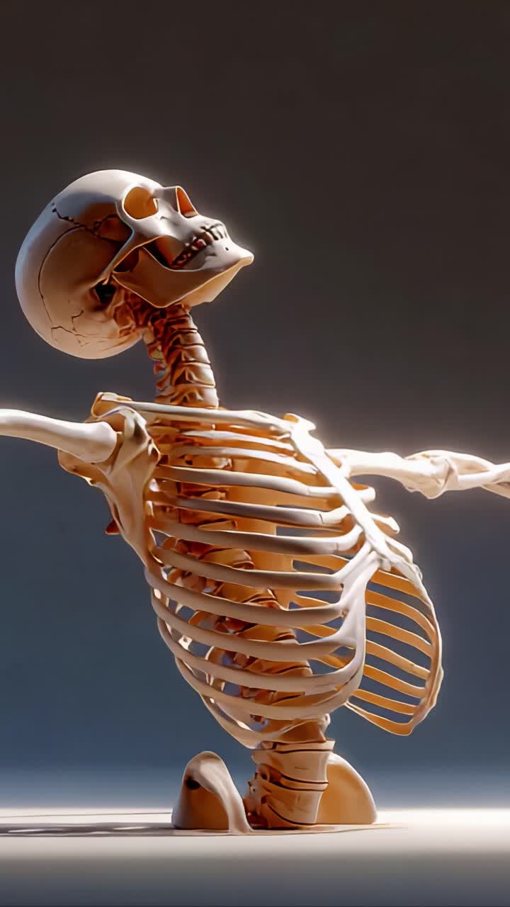 A playful skeleton model poses dynamically, showcasing its flexible structure and detailed anatomy in a well-lit environment, emphasizing its captivating design