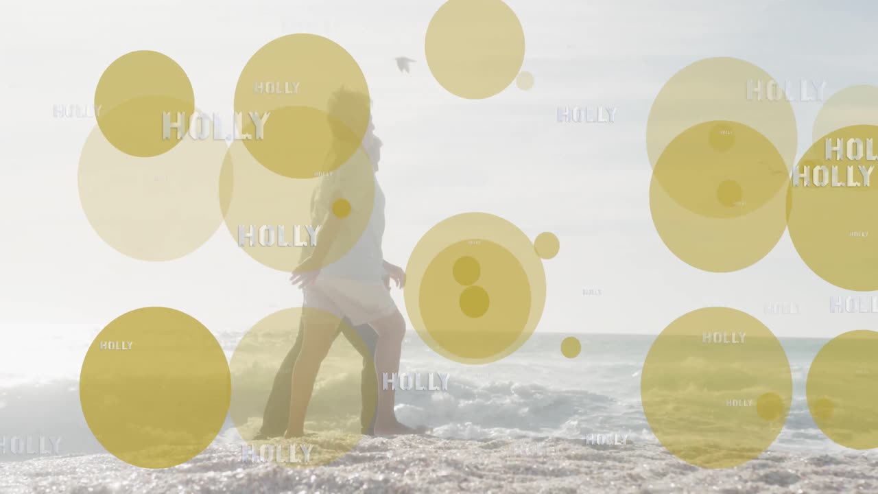 해변에서 노인 이중 인종 커플에 대한 홀리 텍스트의 애니메이션