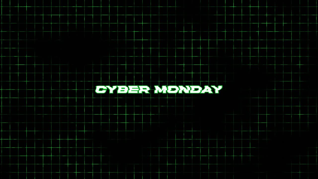 Glitching Cyber Monday Text on Green Grid Background