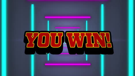 animation of you win text and explosion over pink and blue neon lights on dark background