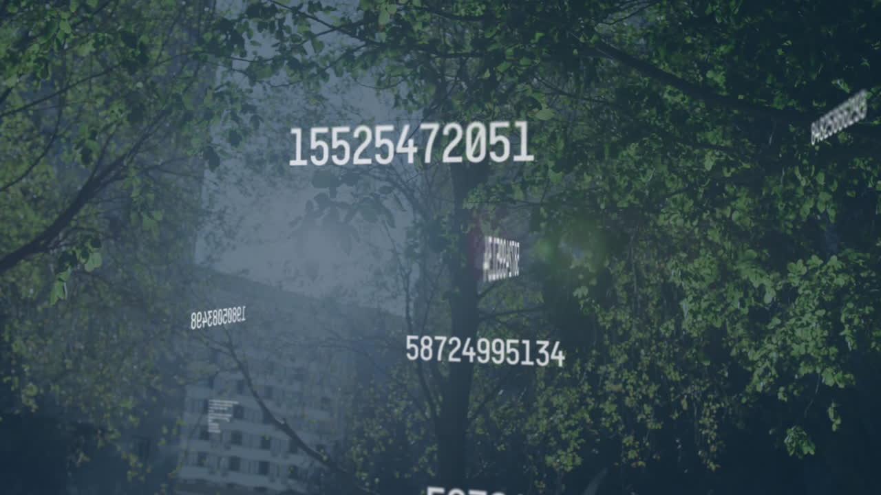 Floating numbers animation over trees and building in urban environment