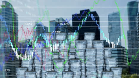 animación del procesamiento de datos financieros sobre monedas de plata