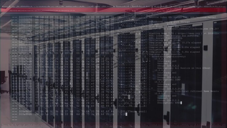 Animation of computer language in terminal interface over data server room