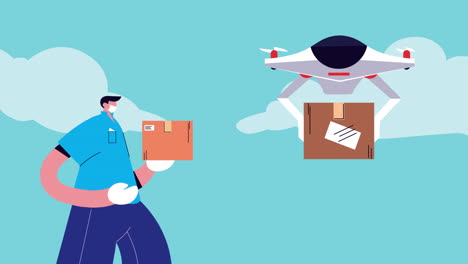 delivery service drone with box and worker animation