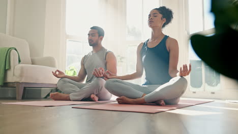 couple, yoga and lotus for home meditation