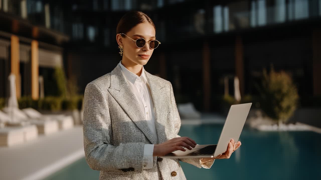 Sophisticated Professional Woman in Chic Attire Engaged in Work at a Modern Outdoor Lounge by a Poolside, Embracing Elegance and Technology
