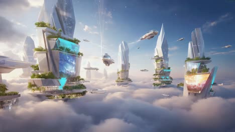 futuristic city in the clouds with flying vehicles