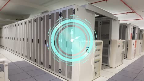 Animation-of-clock-moving-over-server-room