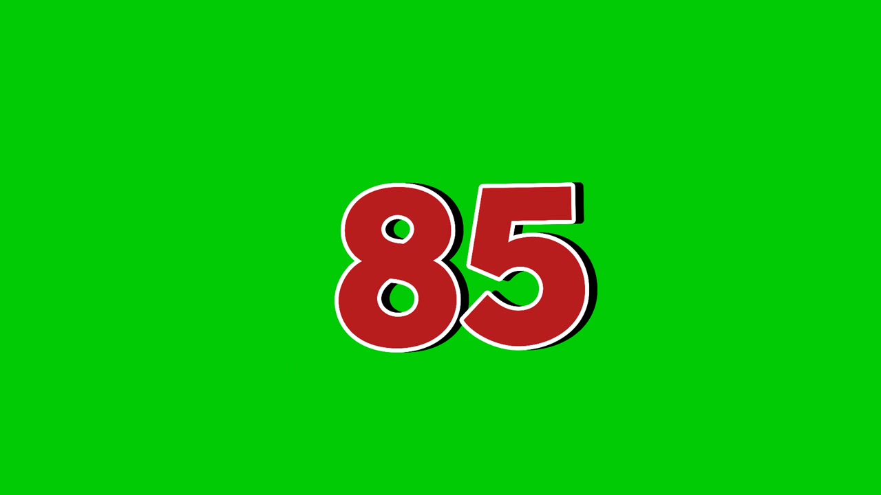 Animation des Symbols/Zeichens Nummer 85, Motion Graphics Cartoon, Greenscreen-Hintergrund. Videoelemente mit roten Zahlen-Raucheffekten.