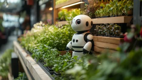 a cute robot tending to an indoor garden
