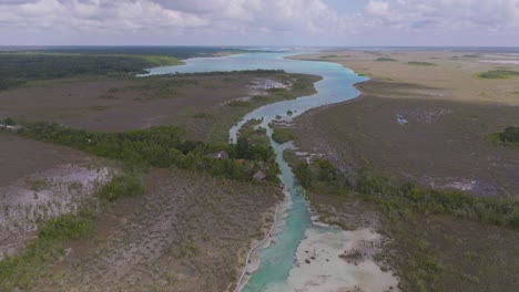 Los-Rapidos-Lagoon-River-in-Bacalar,-Mexico---Aerial-Drone-Landscape