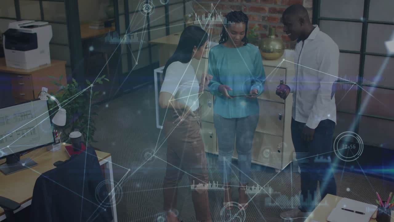 Animation of data processing over diverse business people in office