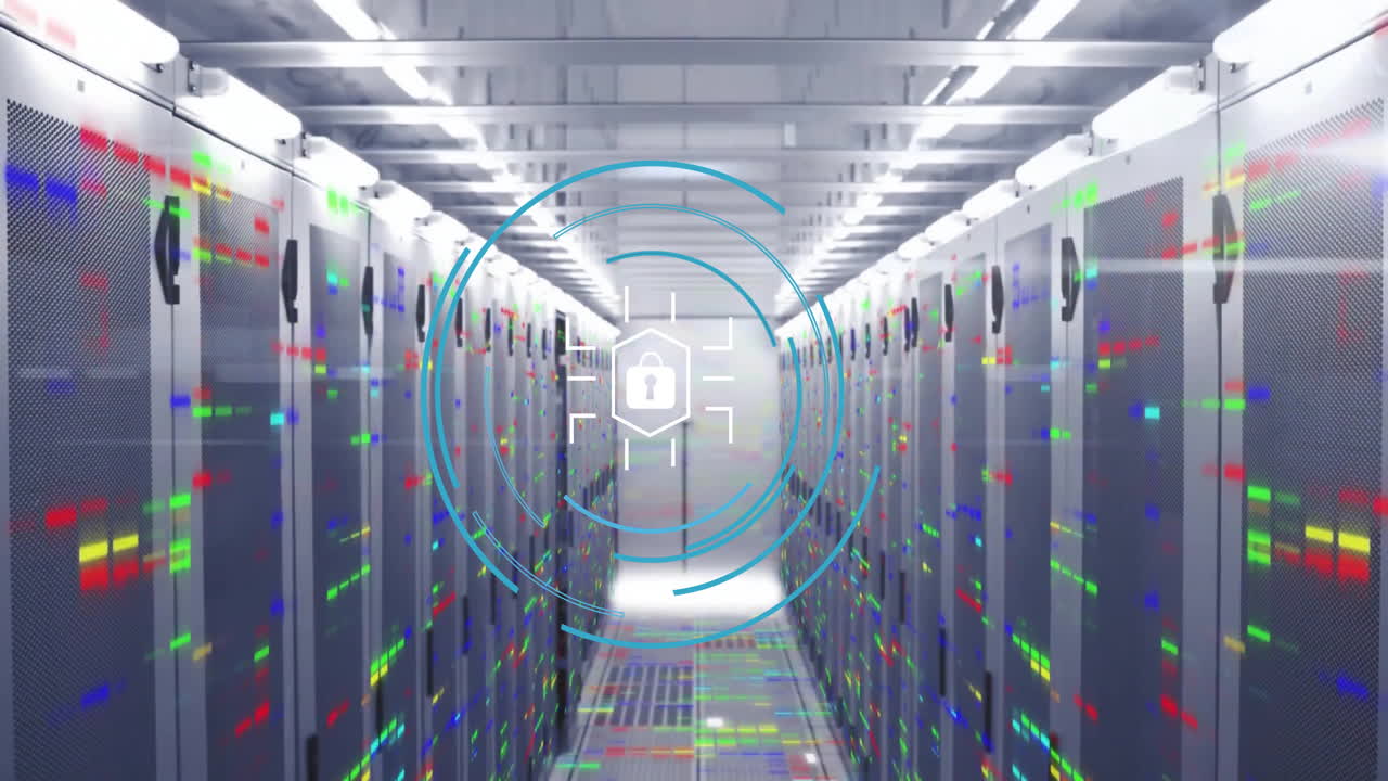 Animation of padlock icon and digital data processing over computer servers