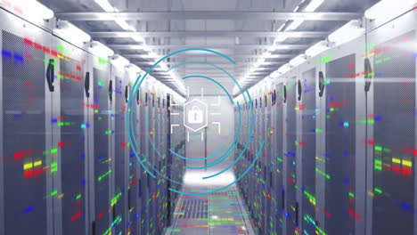 animación del icono del candado y procesamiento de datos digitales a través de servidores informáticos
