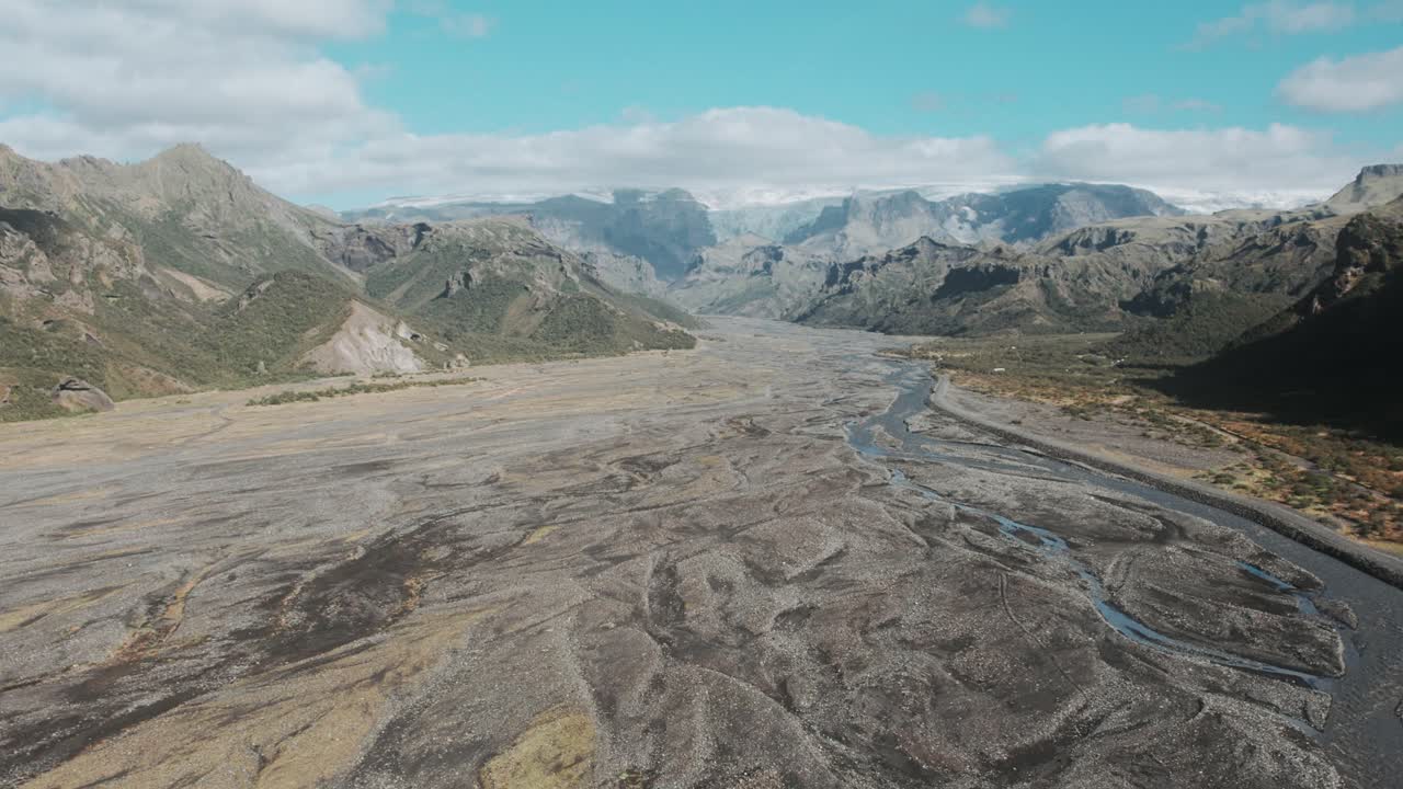 Aerial thorsm&ouml;rk glacial river bed in mountain ranges, sunny day famous icelandic national park landmark landscape