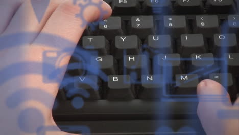animación de iconos tecnológicos sobre un hombre caucásico escribiendo en el teclado