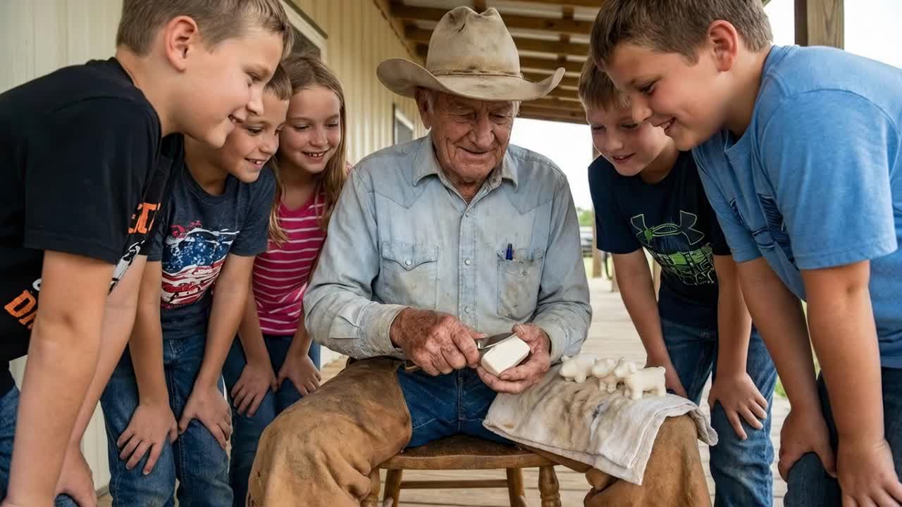 Cowboy dividindo uma escultura em sabão com crianças