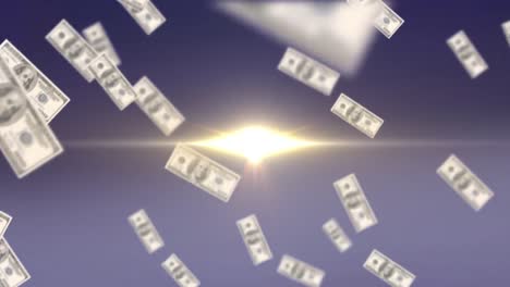 animation of dollar bills falling, with central spotlight on grey background