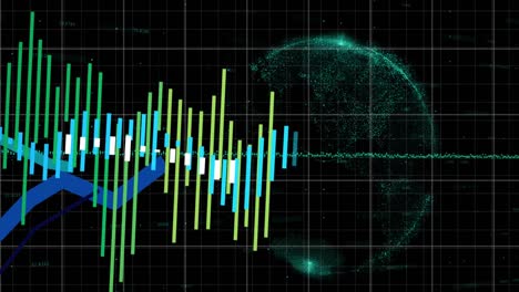 animación del procesamiento de datos estadísticos sobre un globo giratorio contra un fondo negro